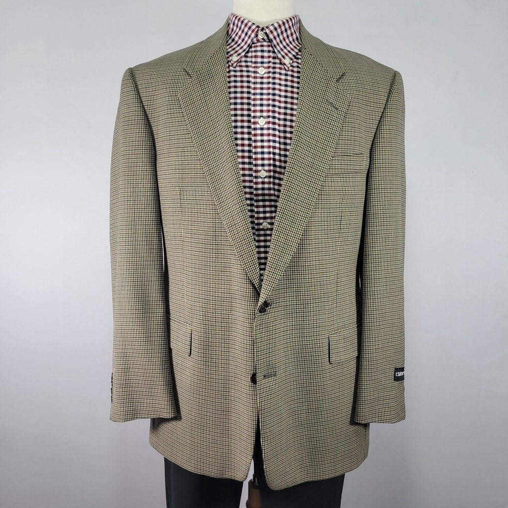 Claiborne Men's Sport Coat Blazer Two Button Beige Houndstooth Worsted Wool 42L